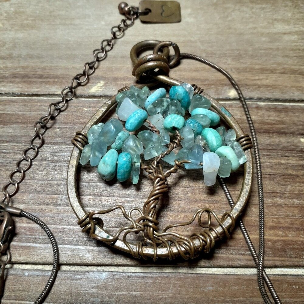 Tree of Life Necklace Twisted Copper Wire and Natural Blue Stone 16"